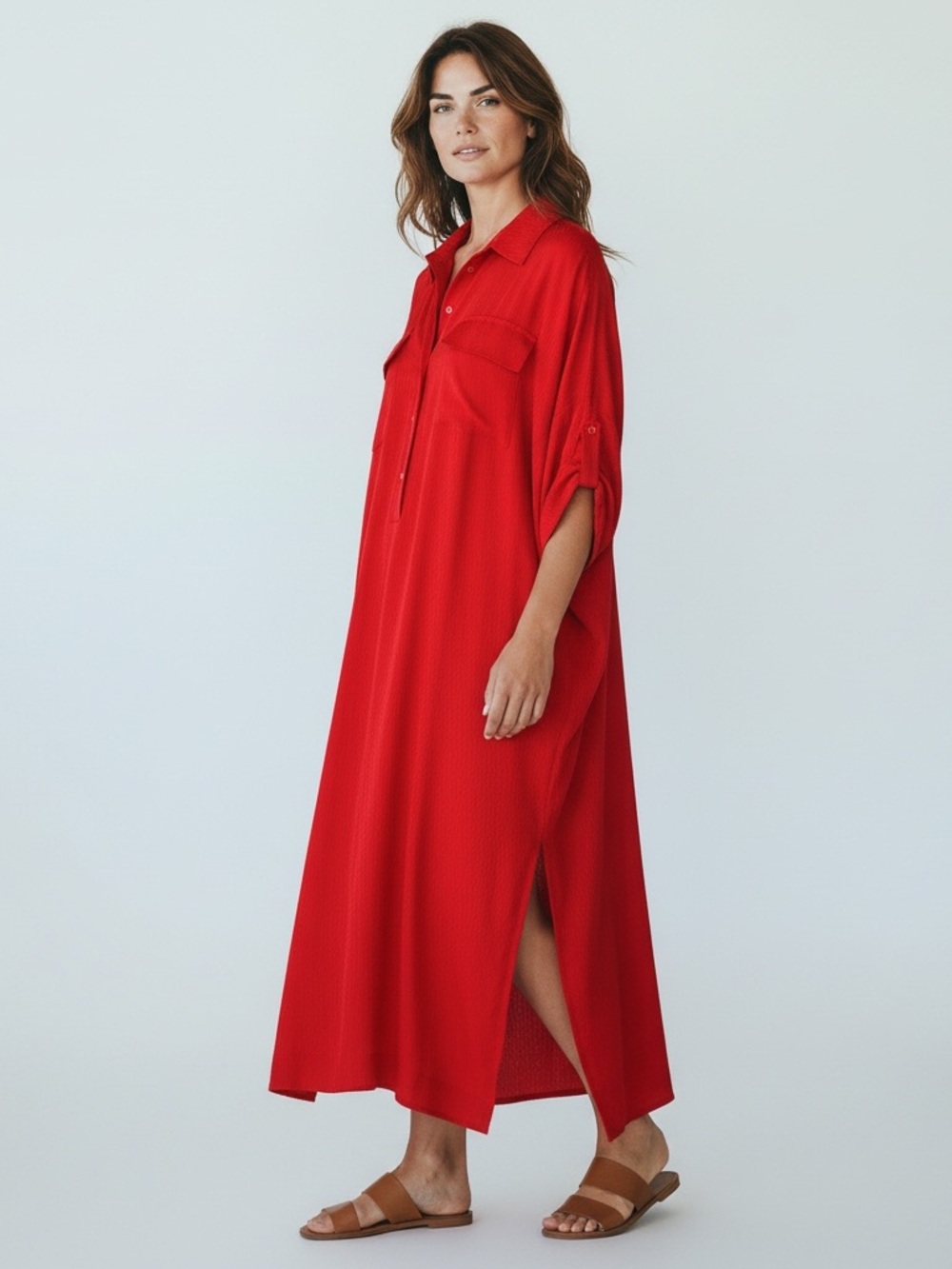 Carolina Herrera CH Red Silk Kaftan Shirt Dress with Side Slit - L/XL